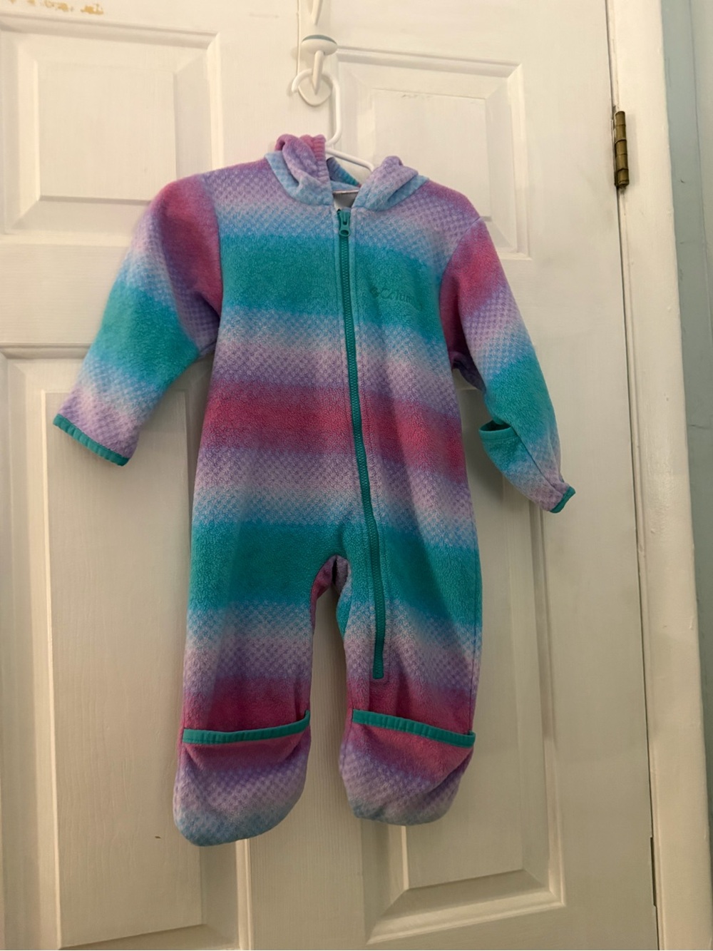 Columbia Baby 12M Fleece Hooded Bunting Snowsuit Pink Teal